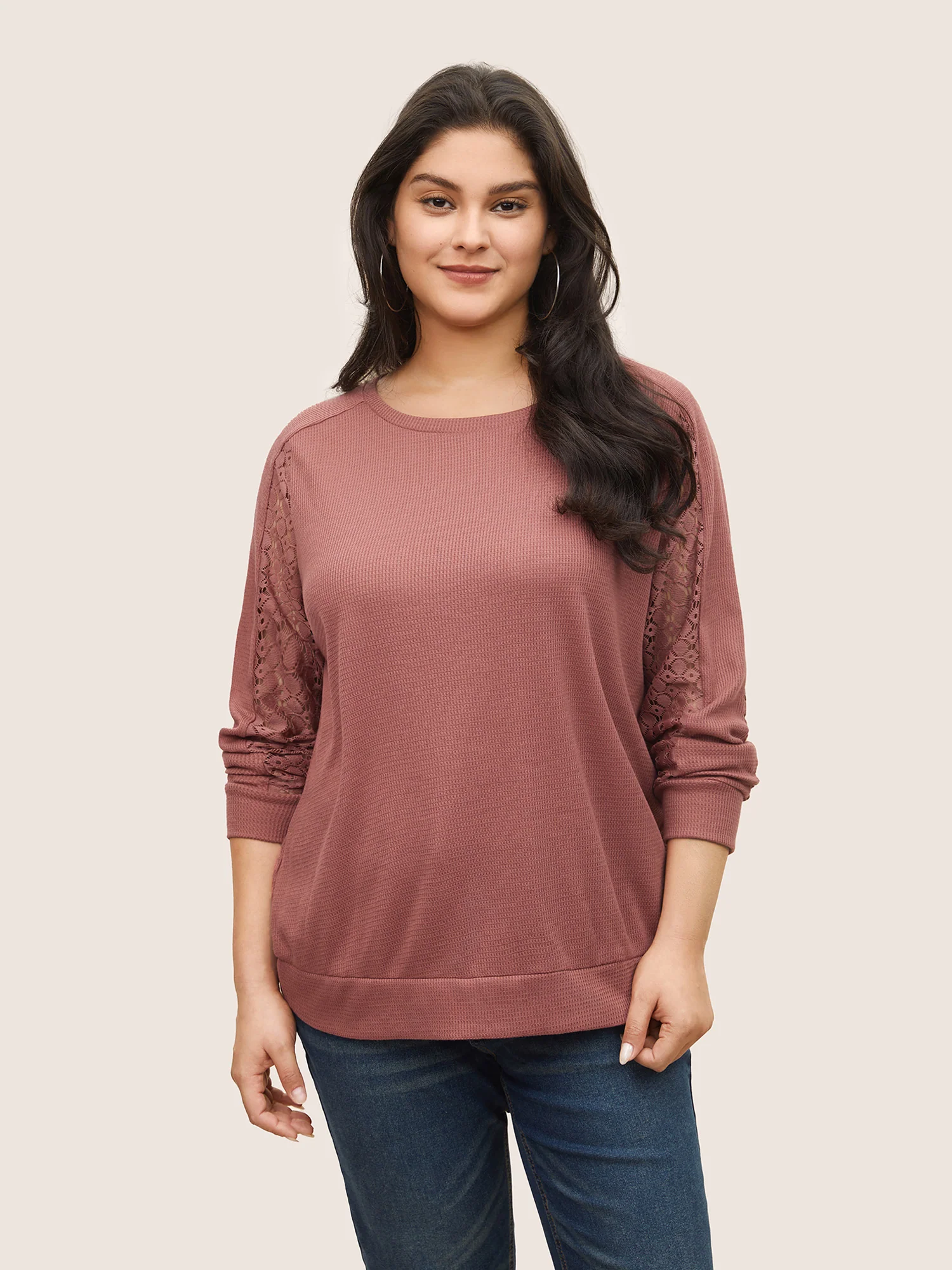 Solid Waffle Knit Lace Panel Sweatshirt