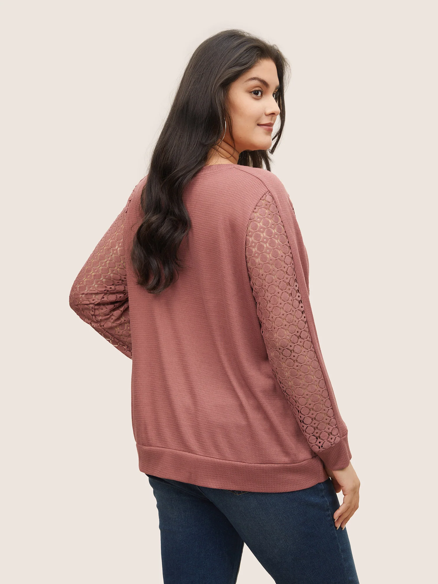 Solid Waffle Knit Lace Panel Sweatshirt - Image 2