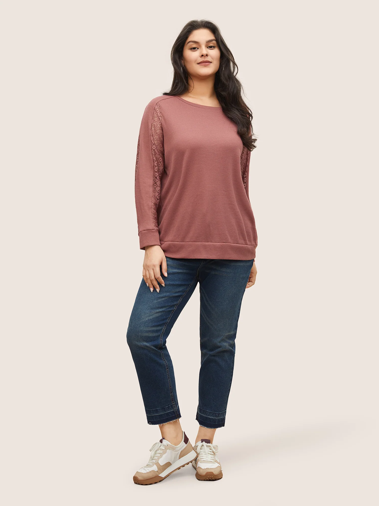 Solid Waffle Knit Lace Panel Sweatshirt - Image 3