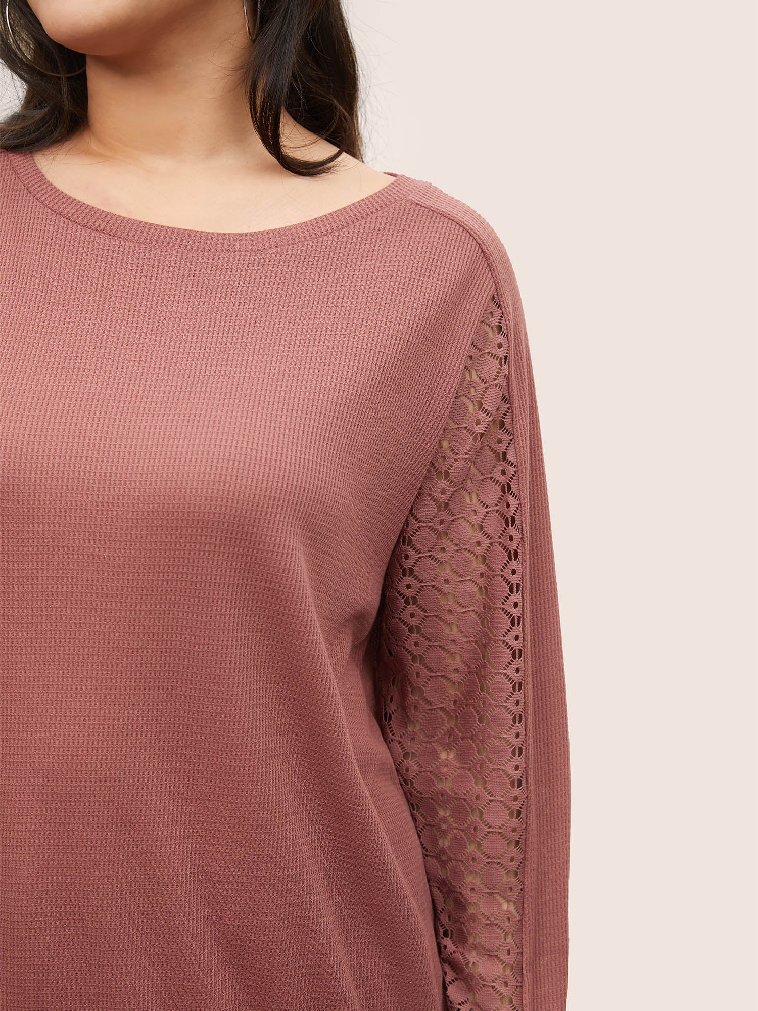 Solid Waffle Knit Lace Panel Sweatshirt - Image 4
