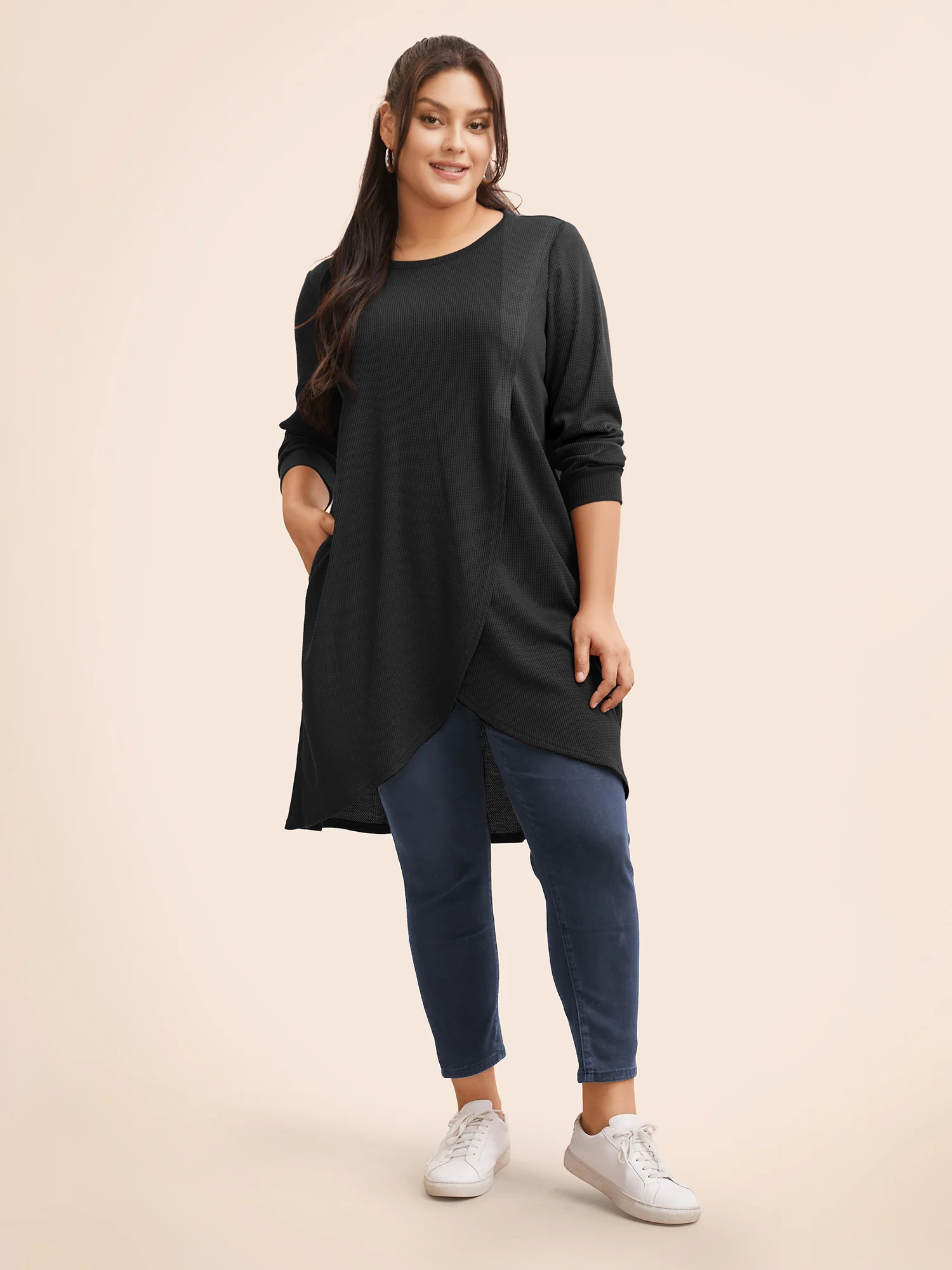 Solid Waffle Knit Overlap Hem T-shirt - Image 10
