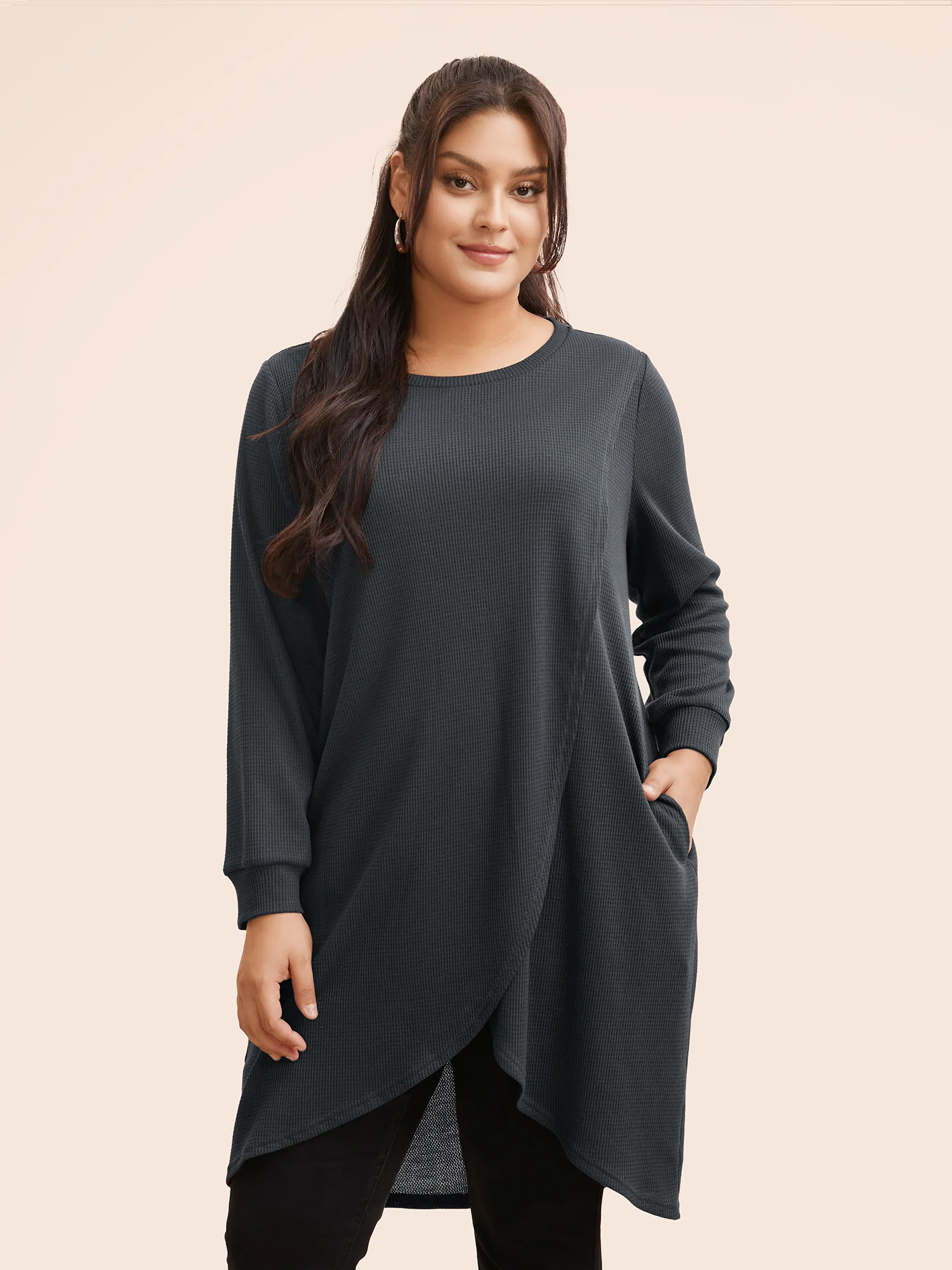 Solid Waffle Knit Overlap Hem T-shirt - Image 12