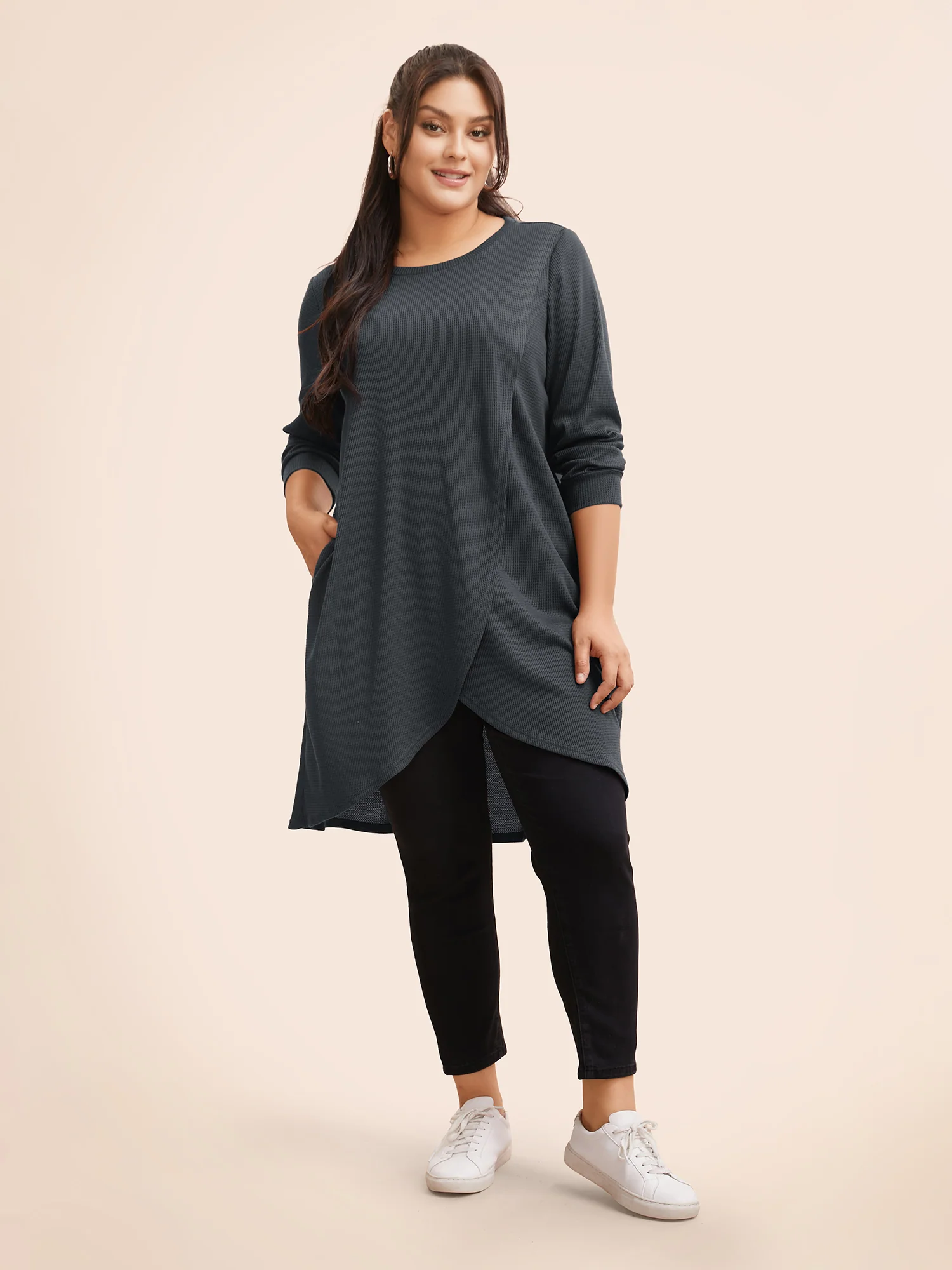 Solid Waffle Knit Overlap Hem T-shirt - Image 14
