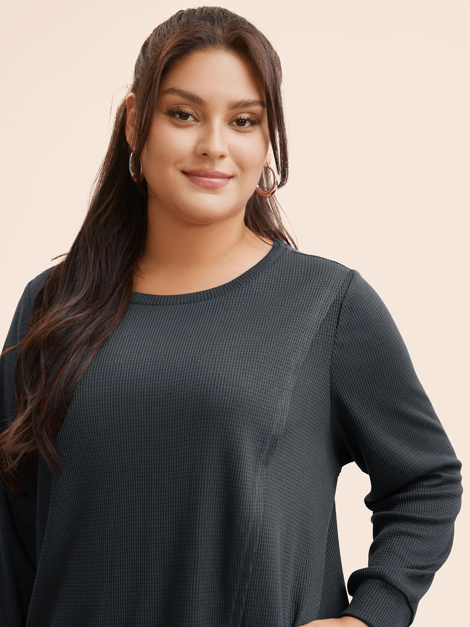 Solid Waffle Knit Overlap Hem T-shirt - Image 15