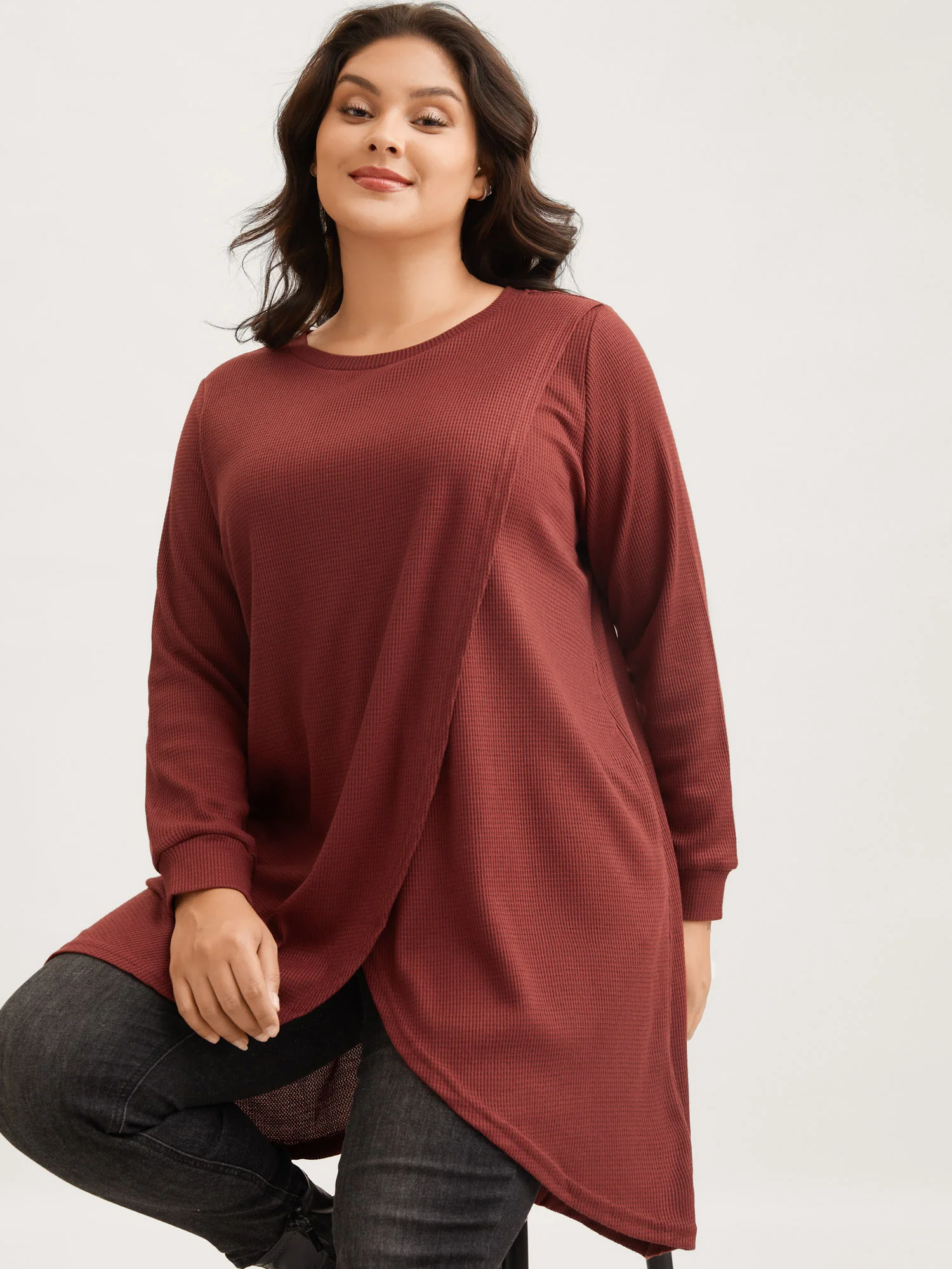 Solid Waffle Knit Overlap Hem T-shirt - Image 16