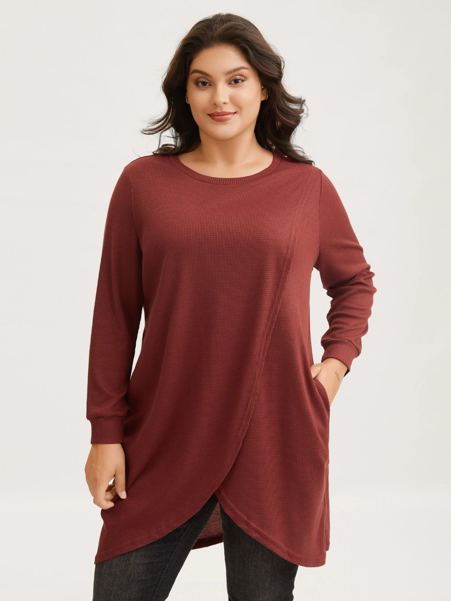 Solid Waffle Knit Overlap Hem T-shirt - Image 17