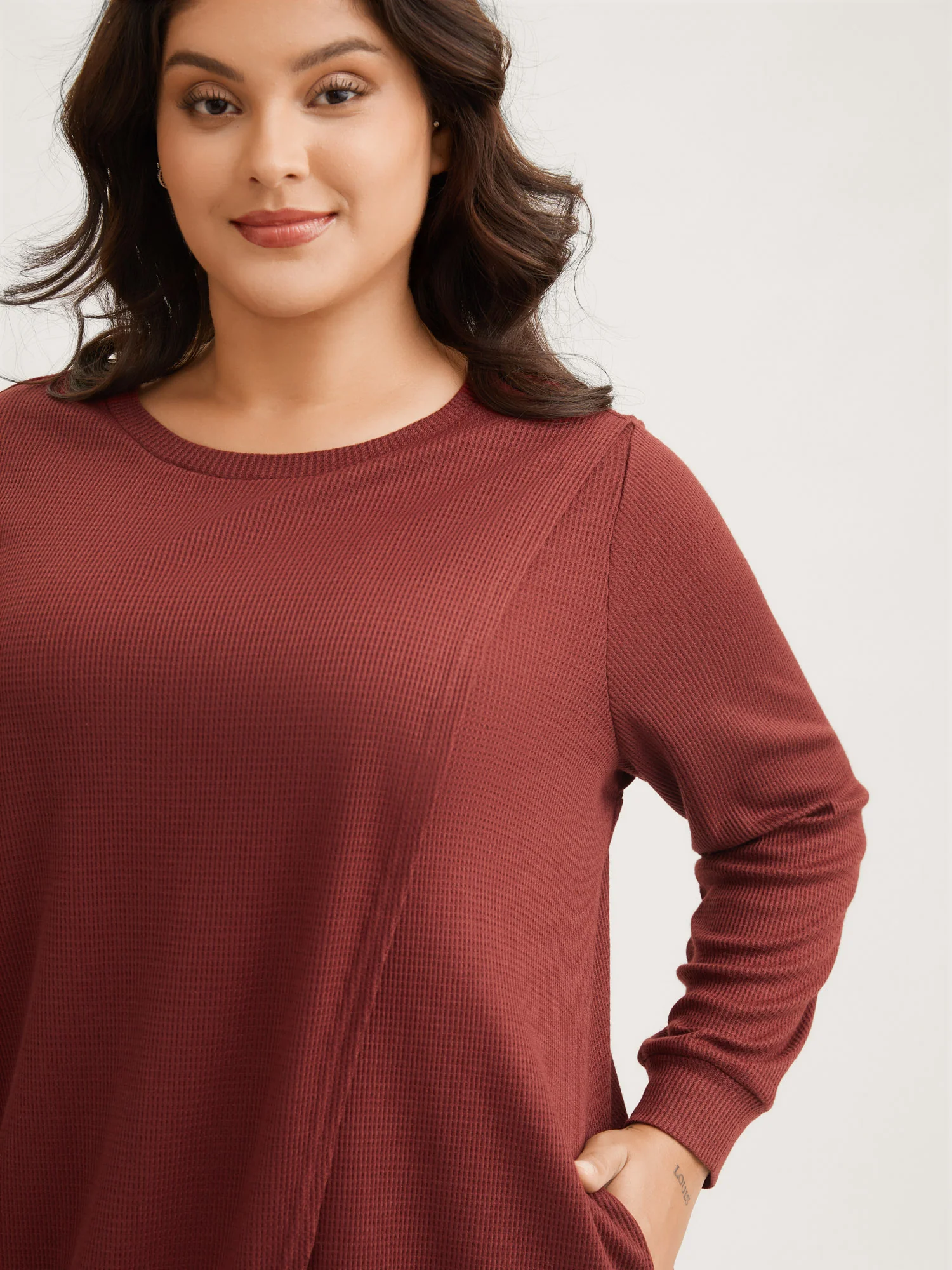 Solid Waffle Knit Overlap Hem T-shirt - Image 18