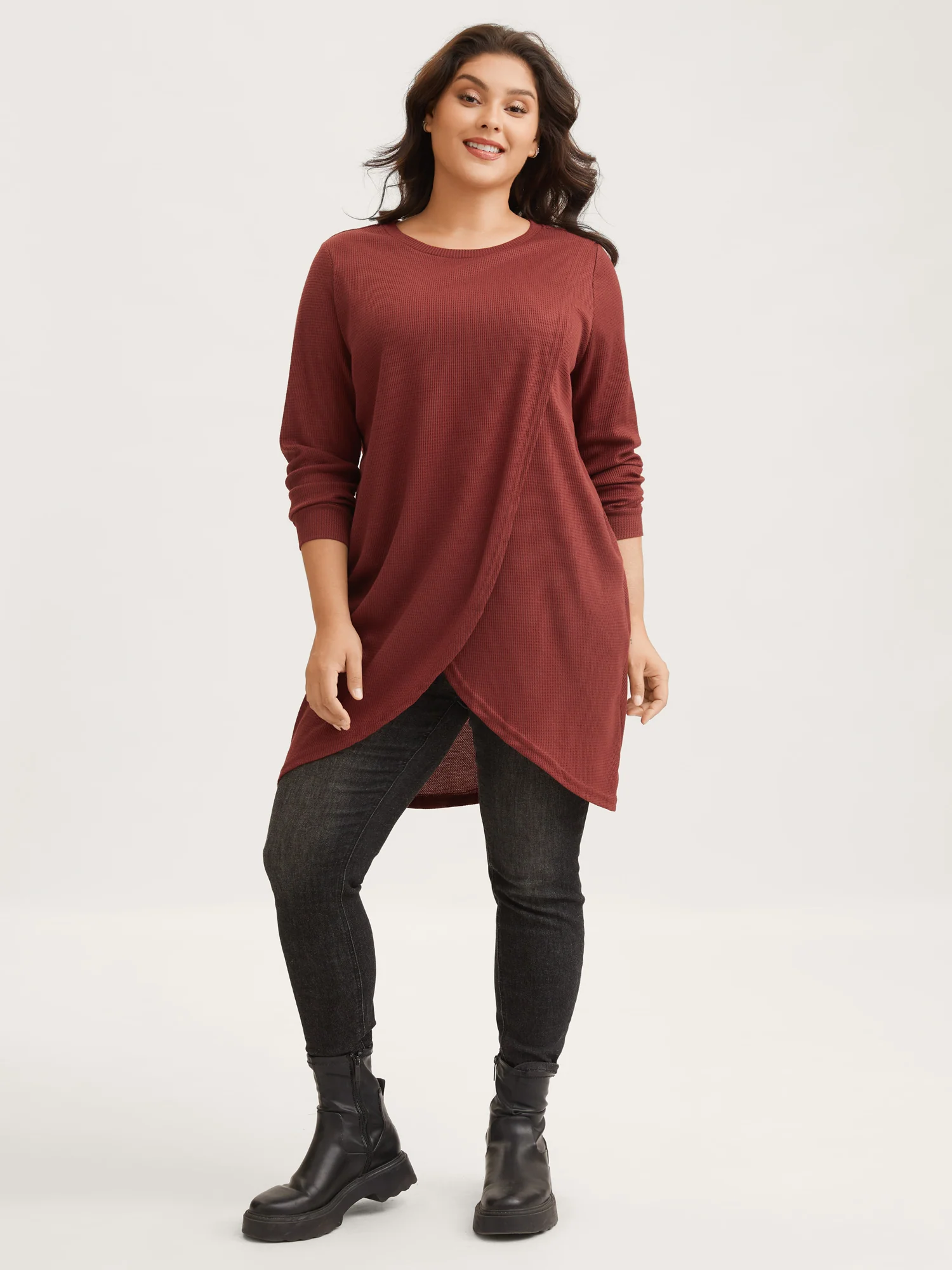Solid Waffle Knit Overlap Hem T-shirt - Image 19