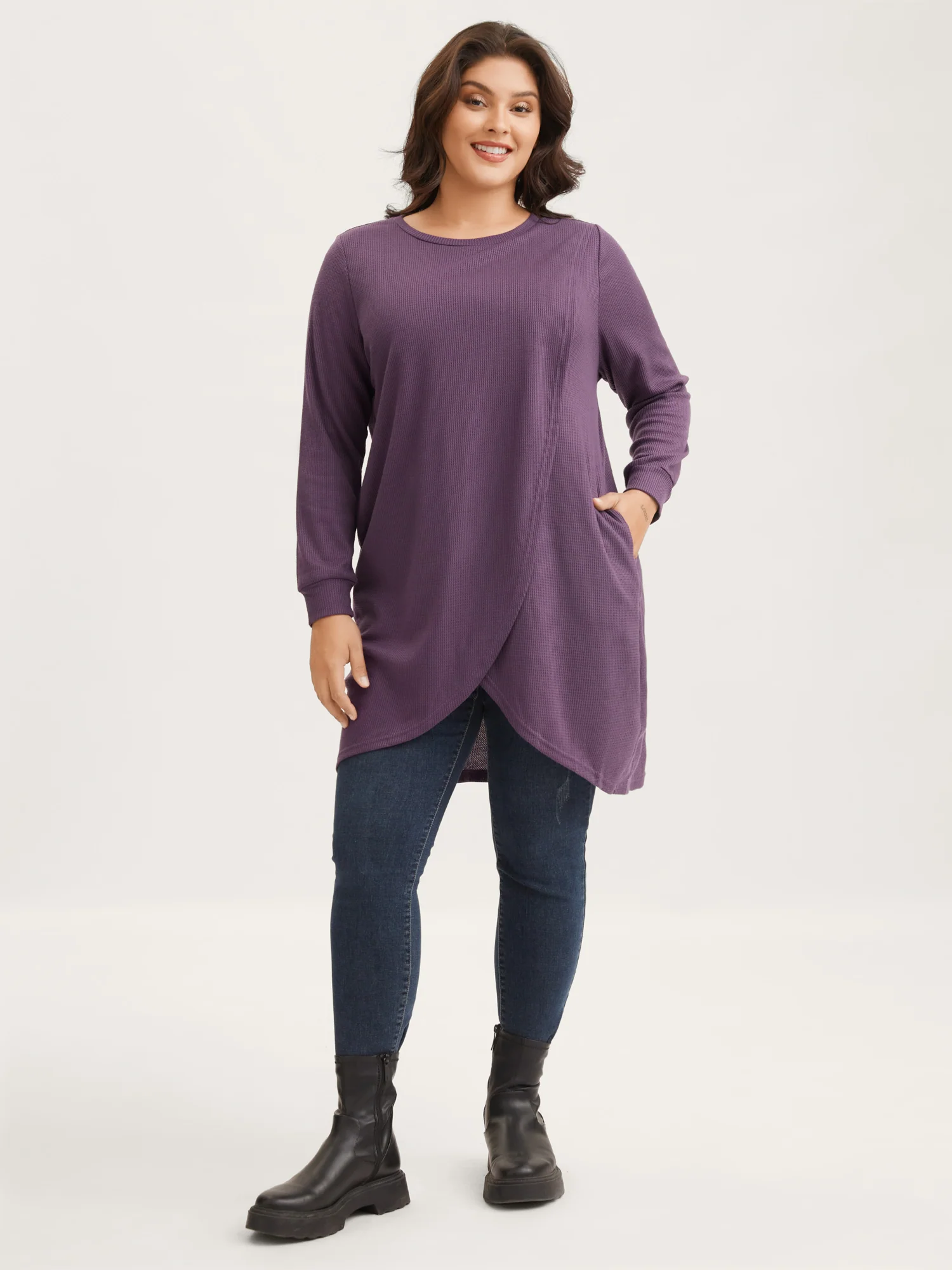 Solid Waffle Knit Overlap Hem T-shirt - Image 3