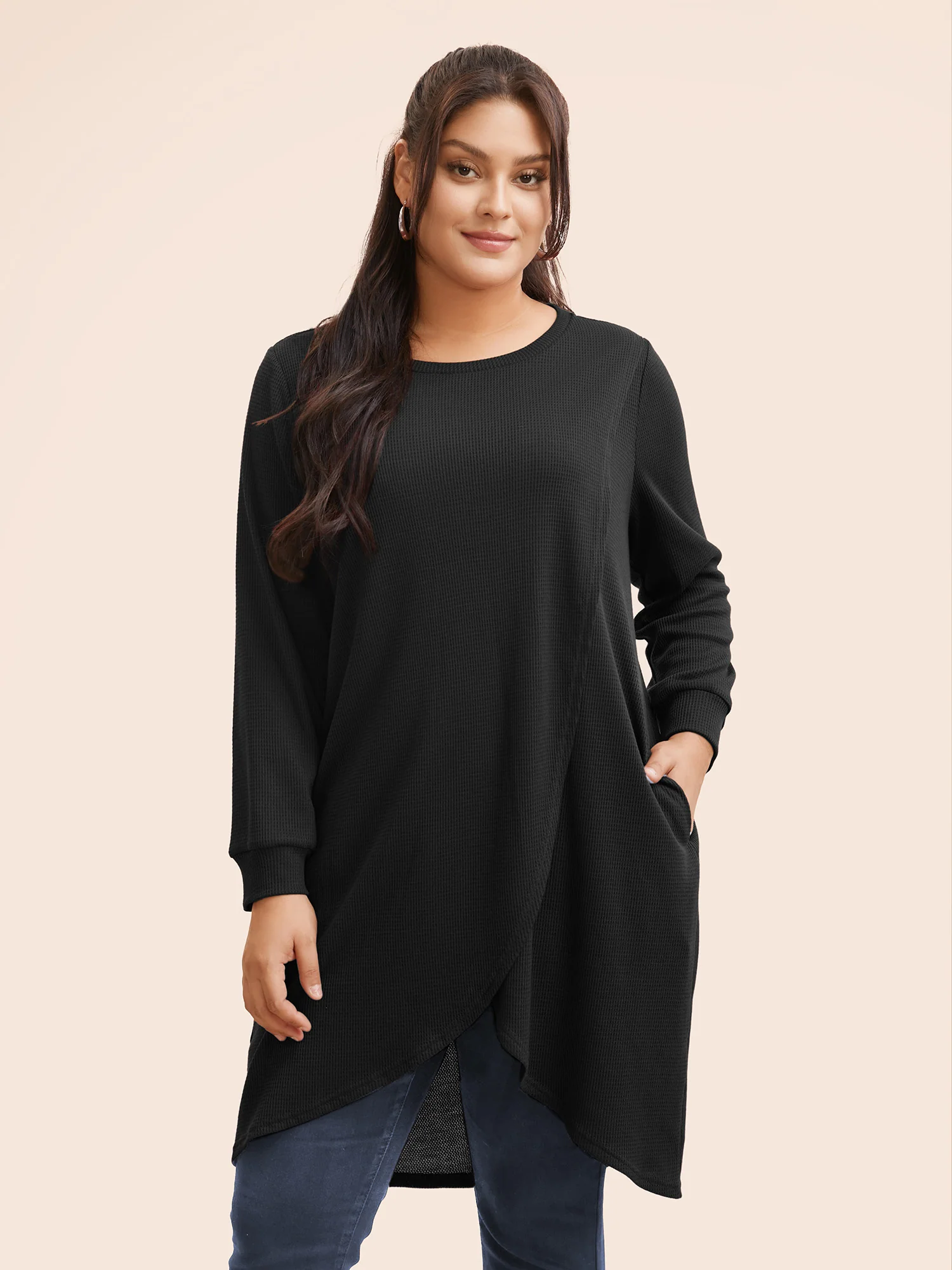 Solid Waffle Knit Overlap Hem T-shirt - Image 8