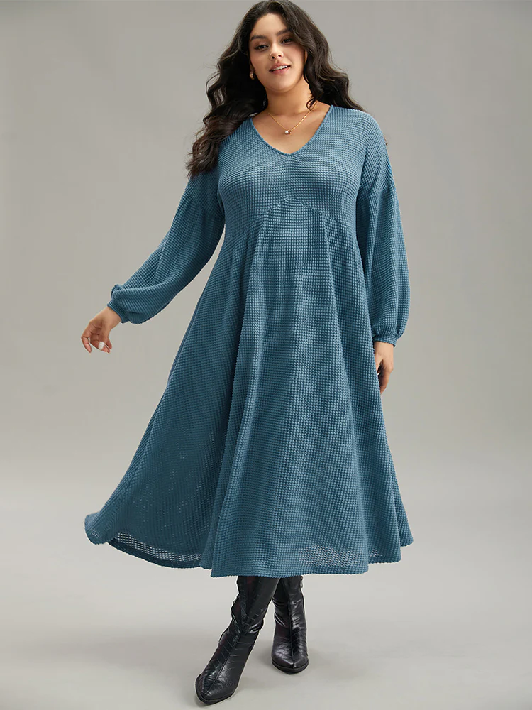 Solid Waffle Knit Pocket Lantern Sleeve Dress - Image 2