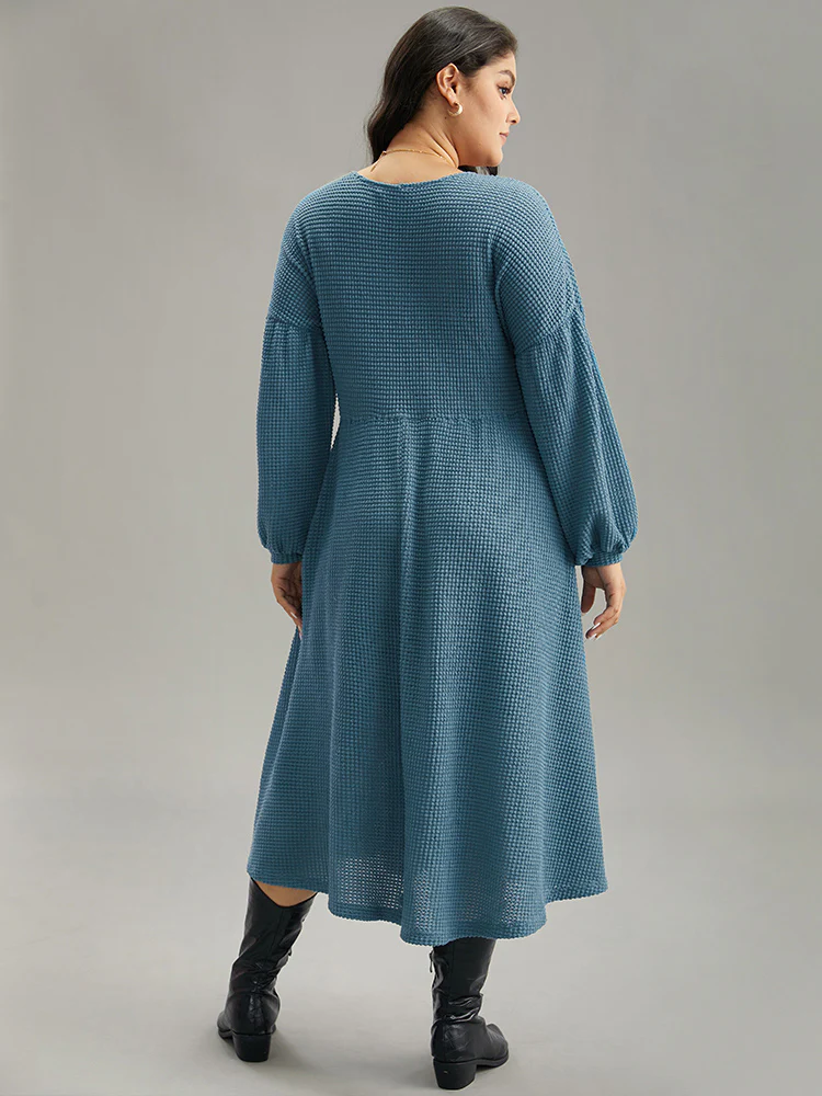 Solid Waffle Knit Pocket Lantern Sleeve Dress - Image 3