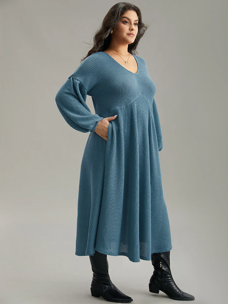 Solid Waffle Knit Pocket Lantern Sleeve Dress - Image 5
