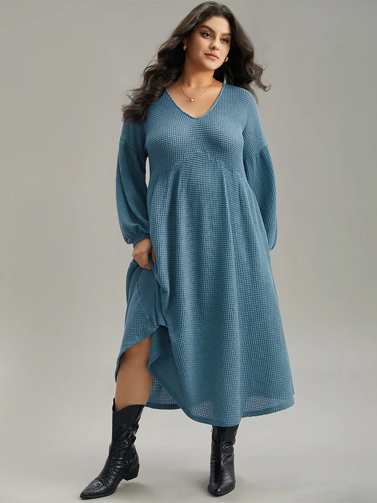 Solid Waffle Knit Pocket Lantern Sleeve Dress - Image 6