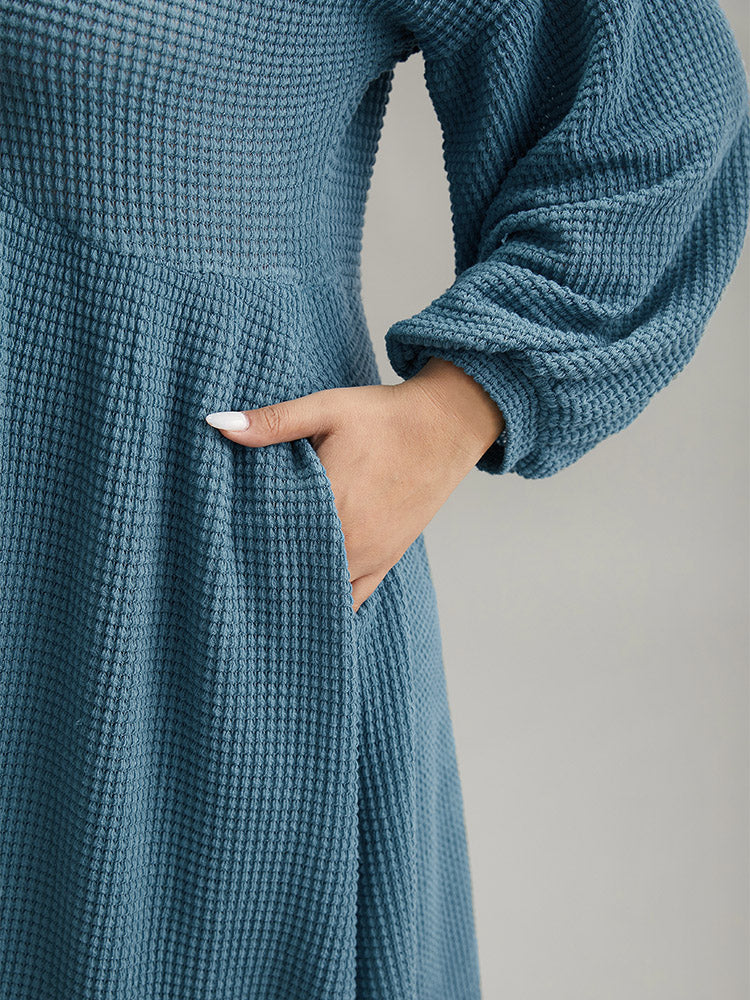 Solid Waffle Knit Pocket Lantern Sleeve Dress - Image 8