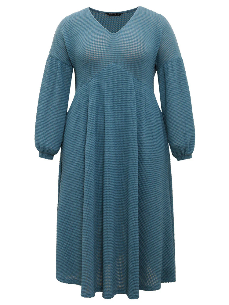 Solid Waffle Knit Pocket Lantern Sleeve Dress - Image 9