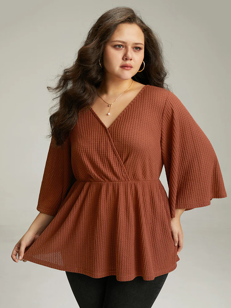 Solid Waffle Knit Wrap Flutter Sleeve T-shirt