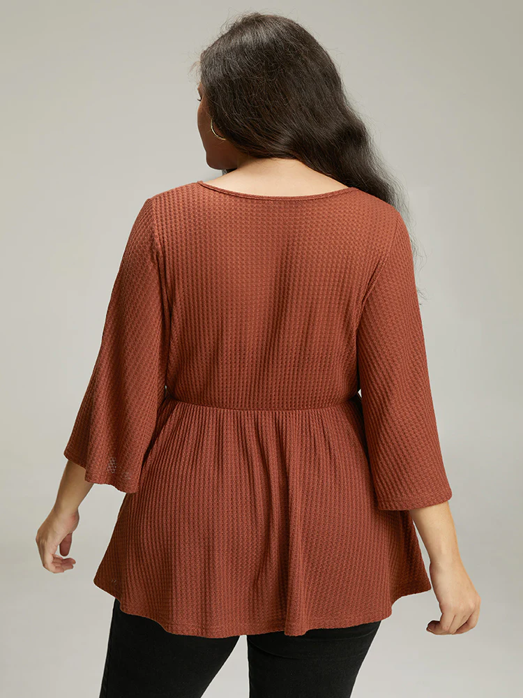 Solid Waffle Knit Wrap Flutter Sleeve T-shirt - Image 2
