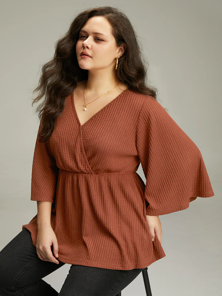 Solid Waffle Knit Wrap Flutter Sleeve T-shirt - Image 3