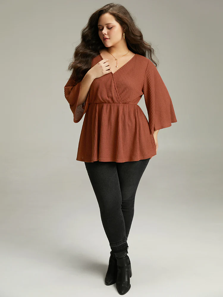 Solid Waffle Knit Wrap Flutter Sleeve T-shirt - Image 4