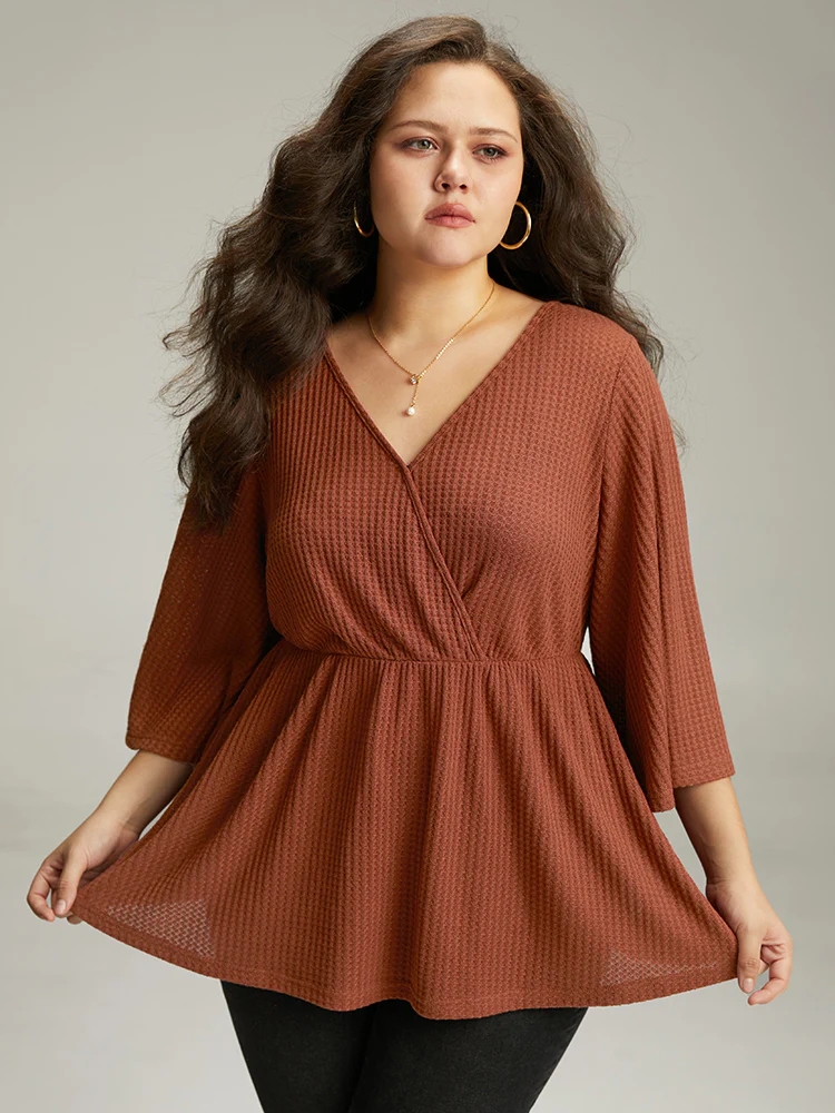 Solid Waffle Knit Wrap Flutter Sleeve T-shirt - Image 5