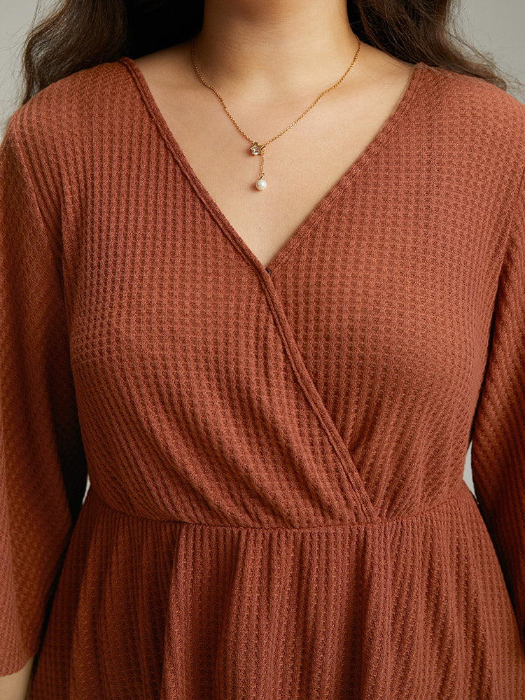 Solid Waffle Knit Wrap Flutter Sleeve T-shirt - Image 6