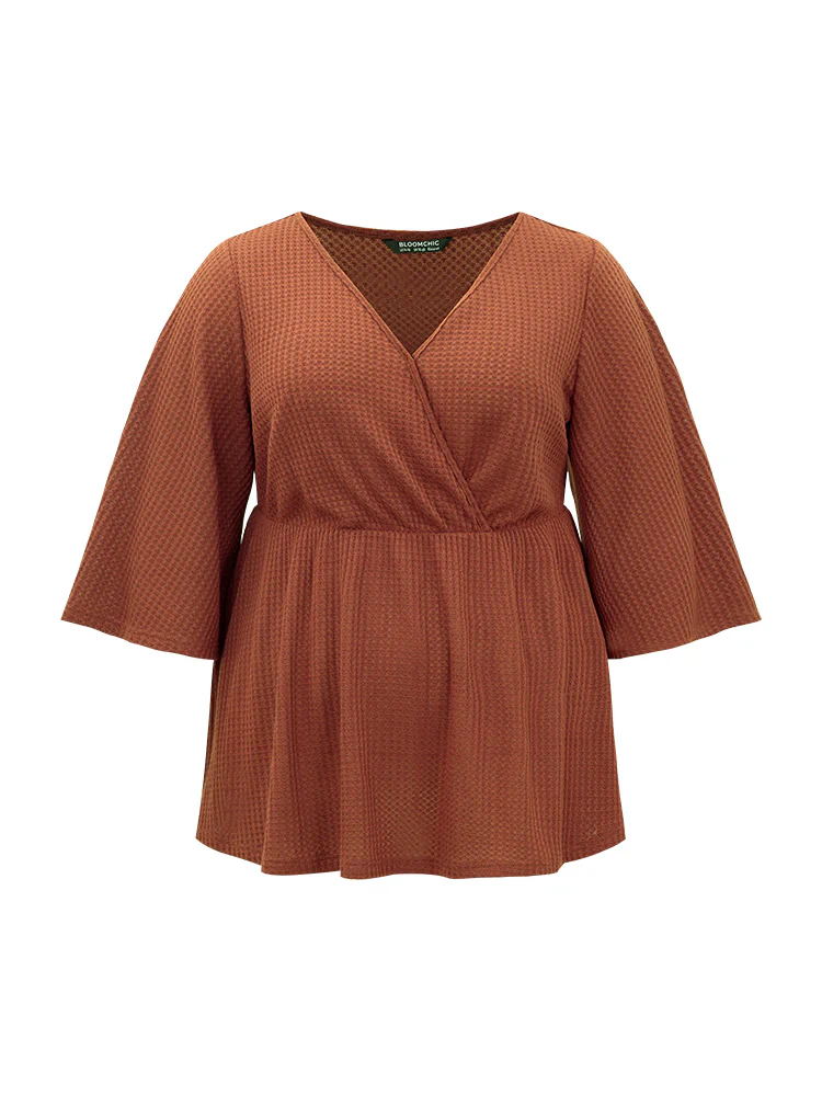 Solid Waffle Knit Wrap Flutter Sleeve T-shirt - Image 7
