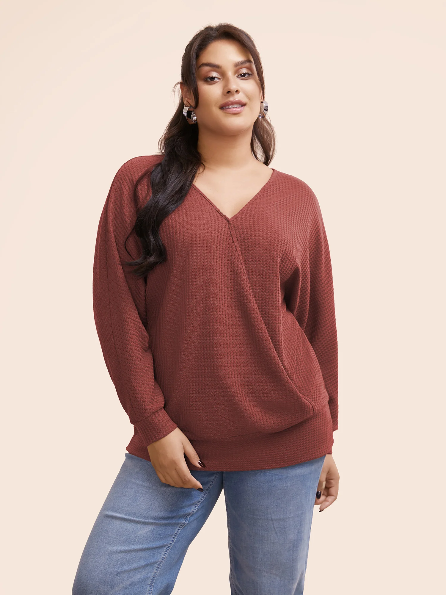 Solid Waffle Knit Wrap Long Sleeve T-shirt - Image 11