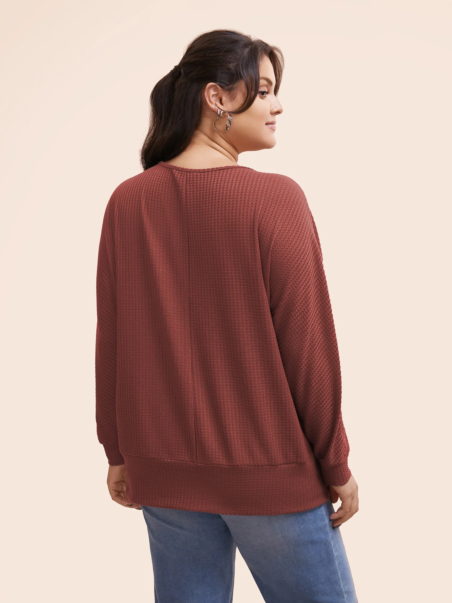 Solid Waffle Knit Wrap Long Sleeve T-shirt - Image 14