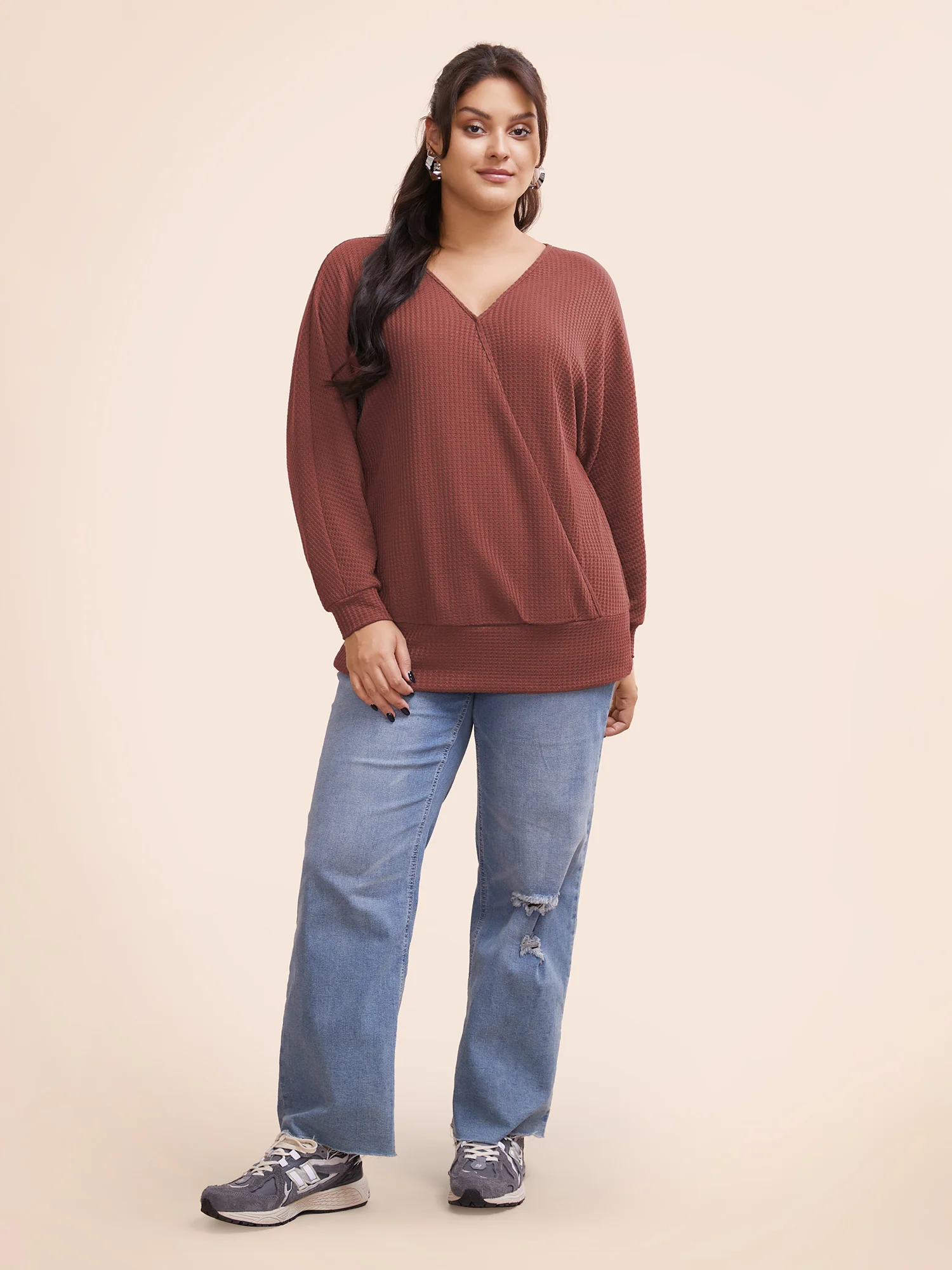 Solid Waffle Knit Wrap Long Sleeve T-shirt - Image 2
