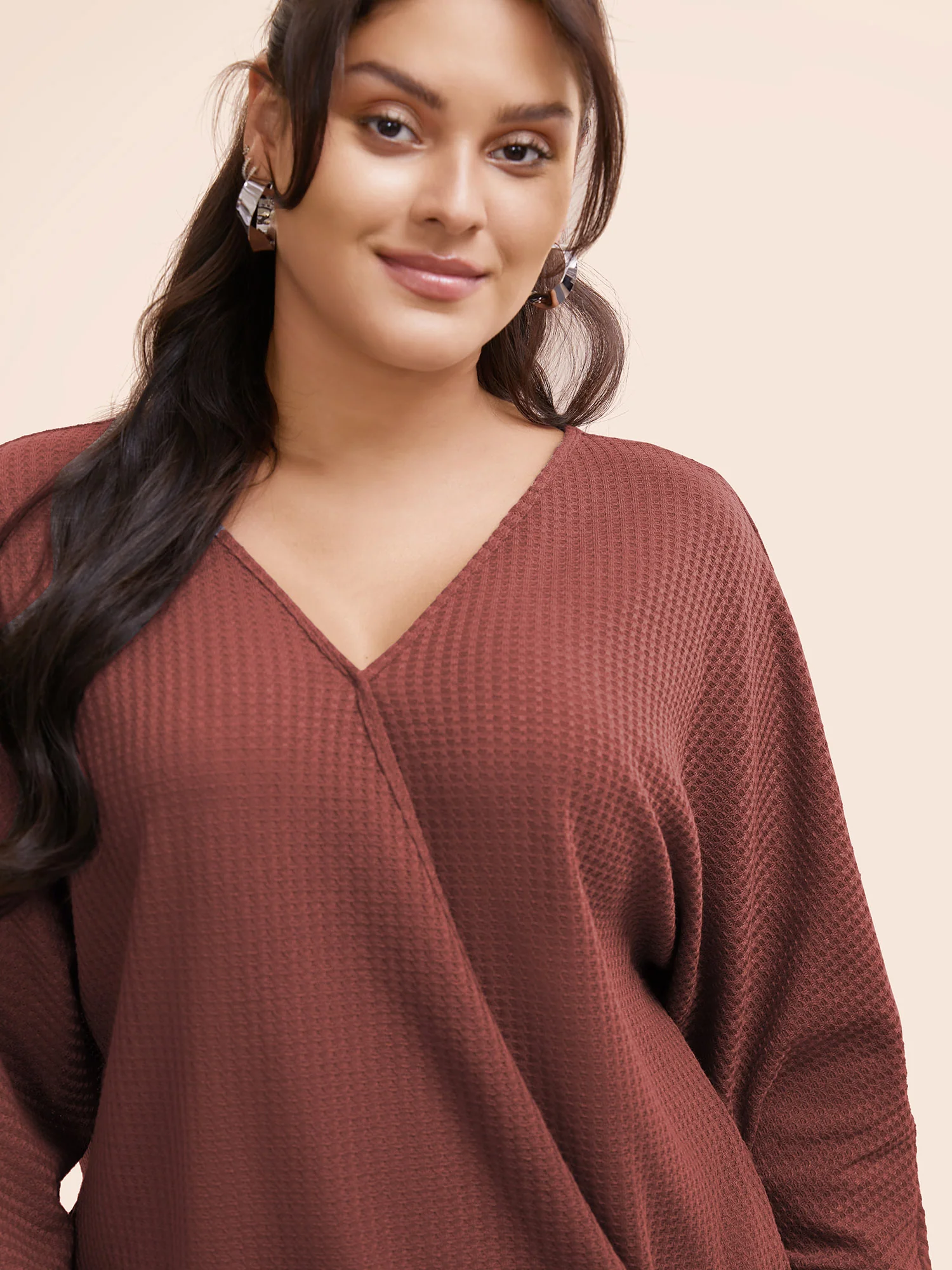Solid Waffle Knit Wrap Long Sleeve T-shirt - Image 3