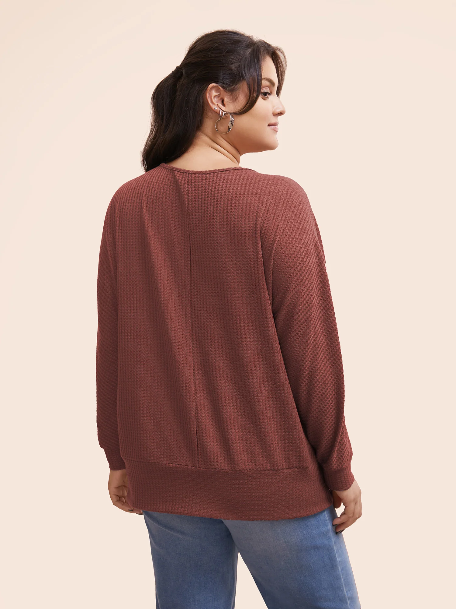 Solid Waffle Knit Wrap Long Sleeve T-shirt - Image 4