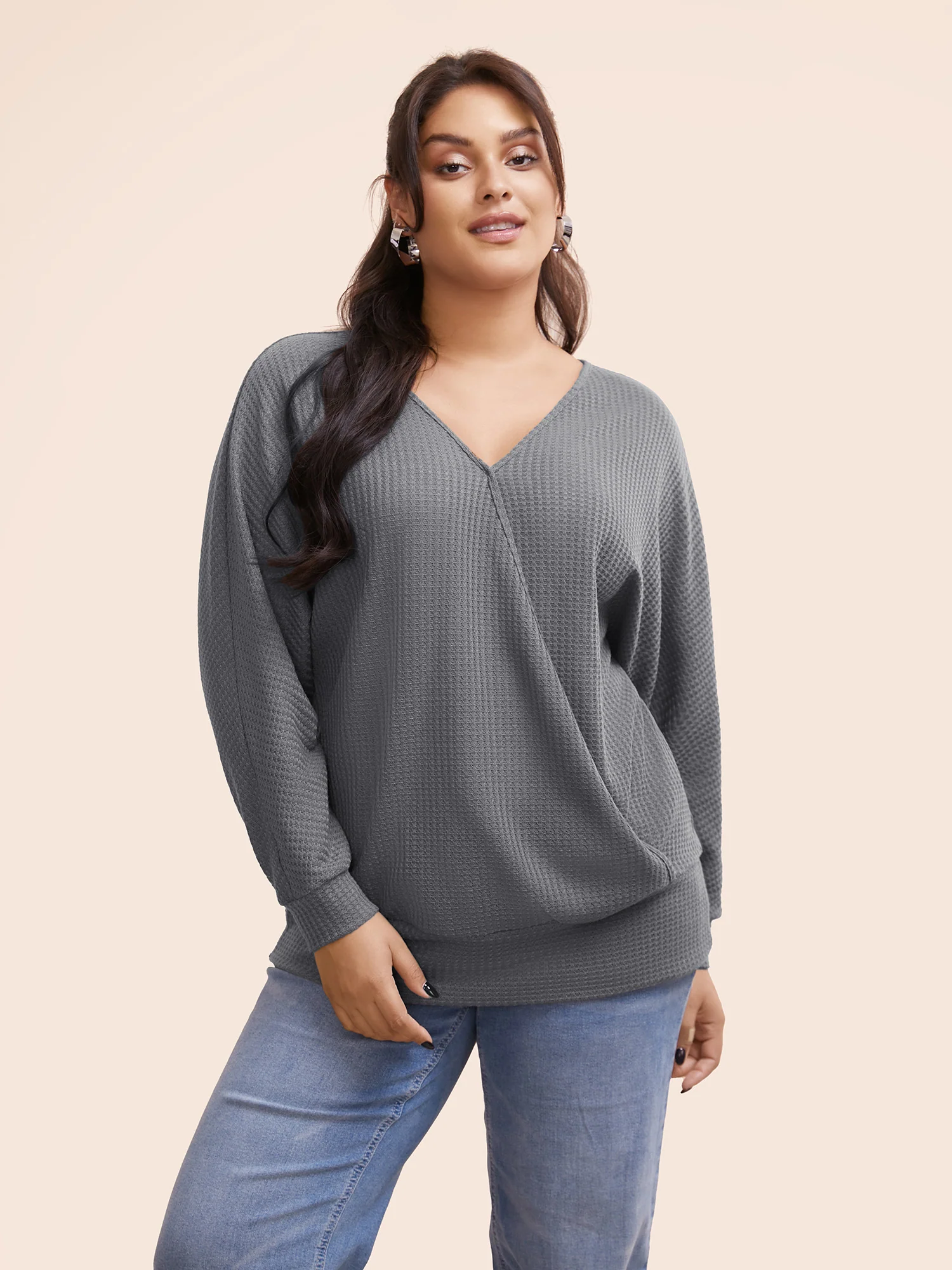 Solid Waffle Knit Wrap Long Sleeve T-shirt - Image 5