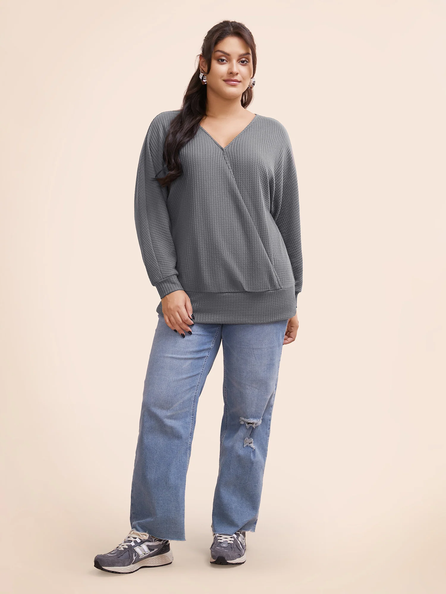 Solid Waffle Knit Wrap Long Sleeve T-shirt - Image 6