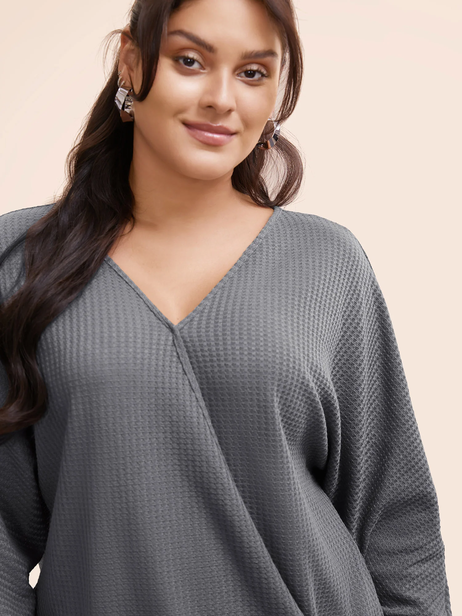 Solid Waffle Knit Wrap Long Sleeve T-shirt - Image 7