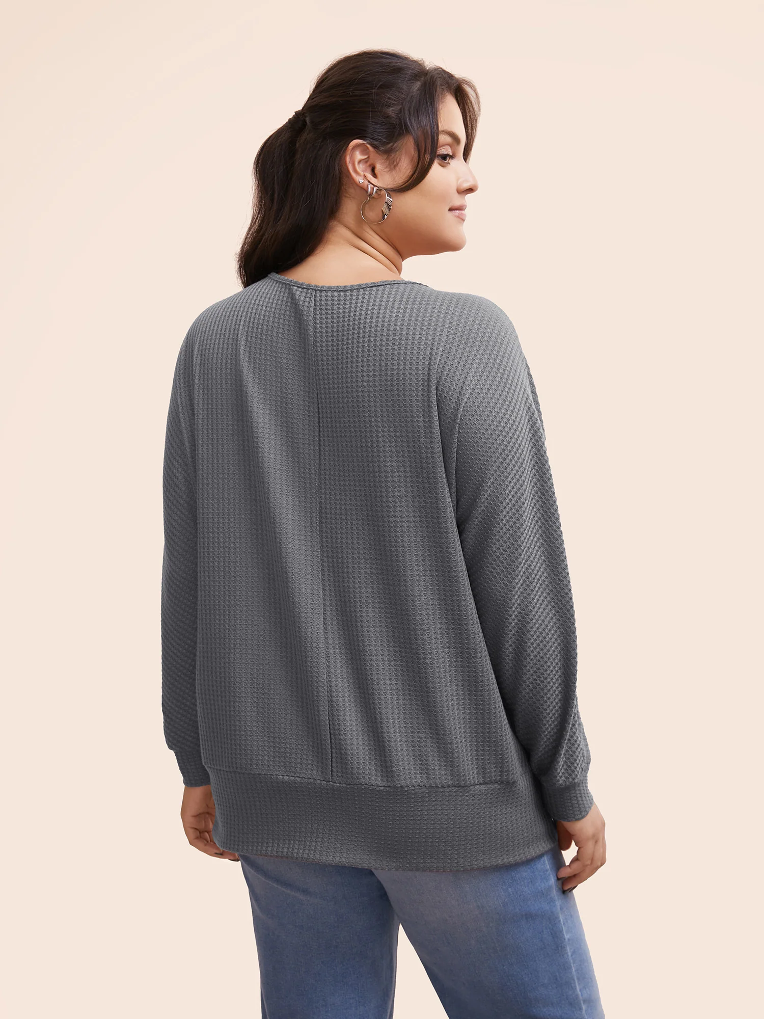 Solid Waffle Knit Wrap Long Sleeve T-shirt - Image 8