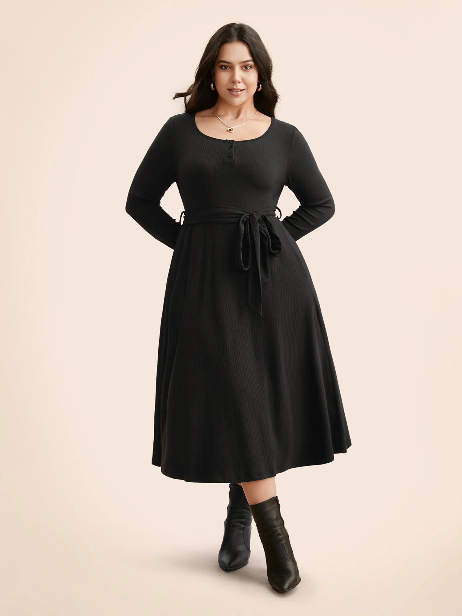 Solid Waist Tie Midi Dress - Image 3