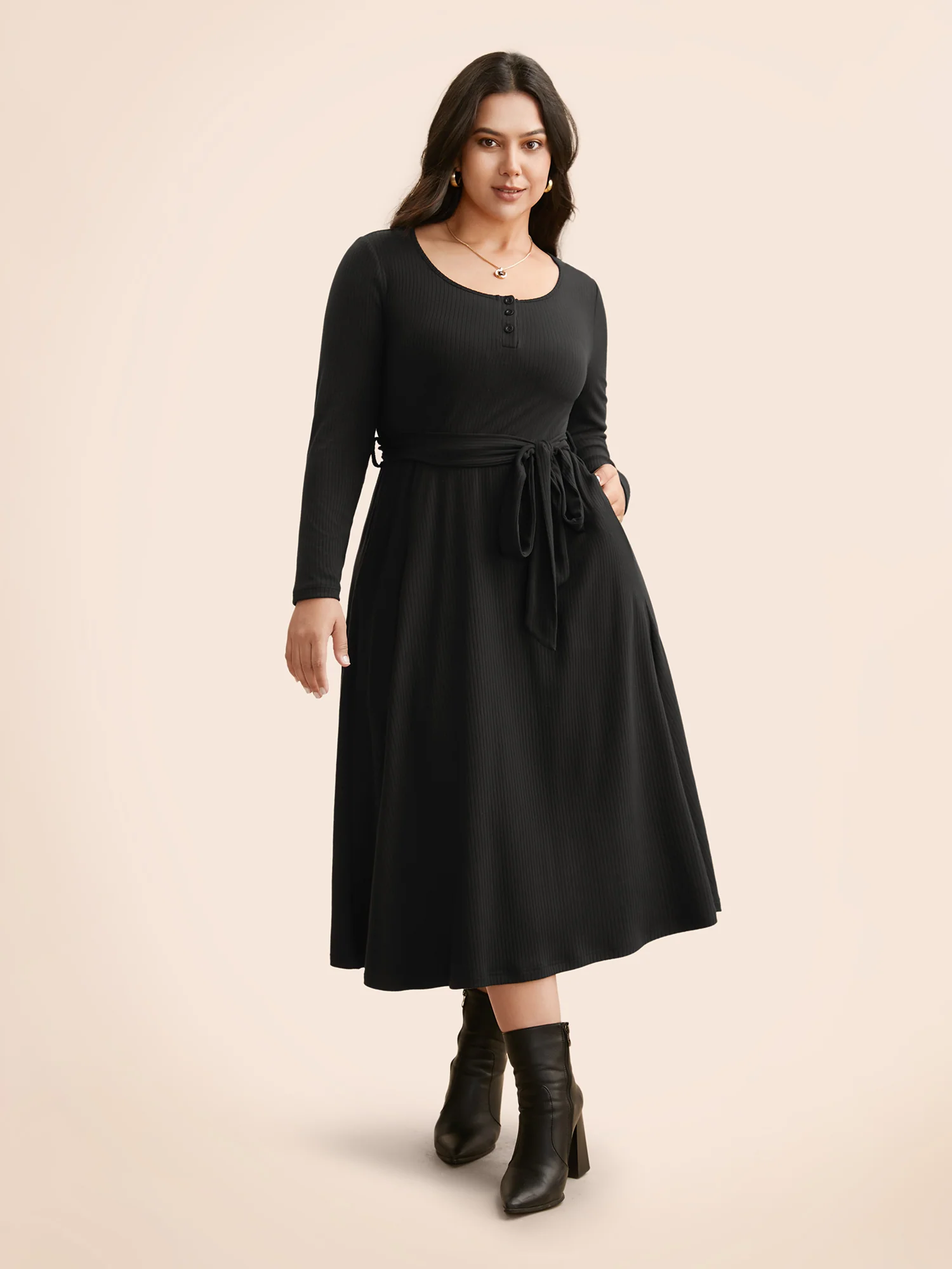 Solid Waist Tie Midi Dress - Image 4