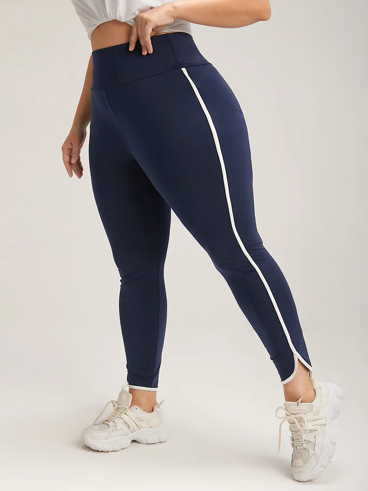 Solid Wide Waistband Contrast Trim Skinny Leggings - Image 2