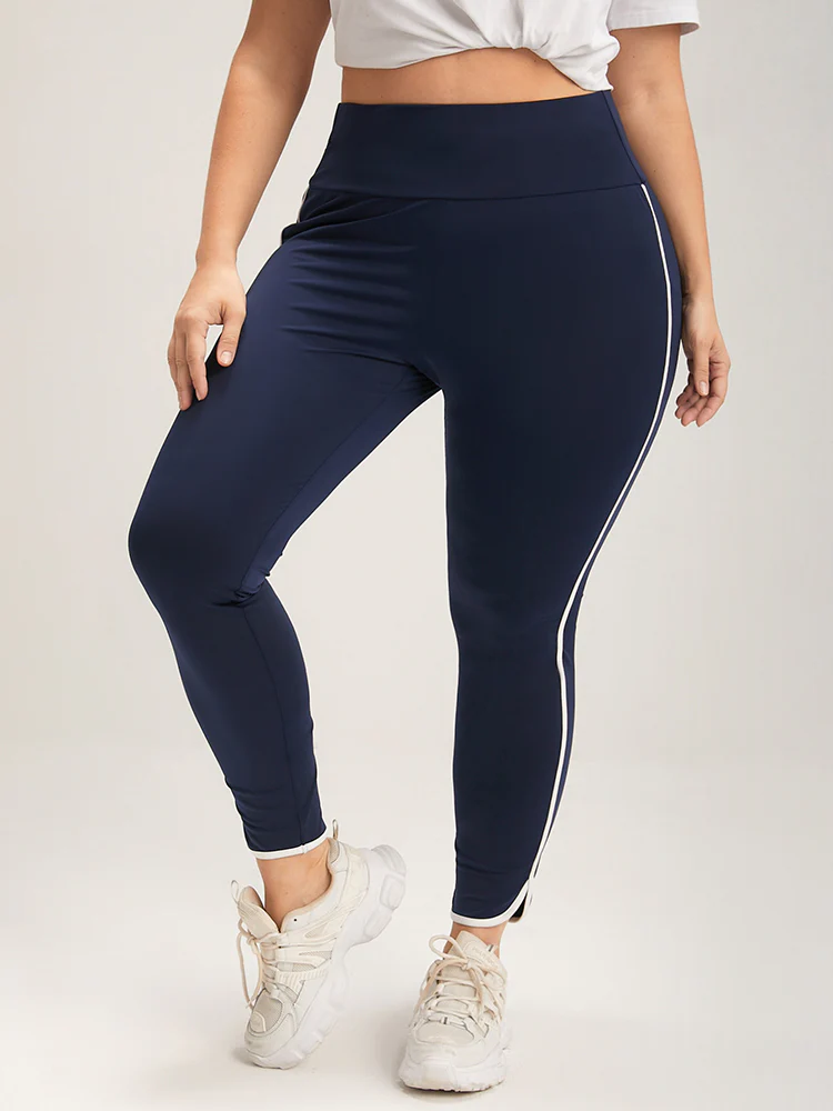 Solid Wide Waistband Contrast Trim Skinny Leggings - Image 4