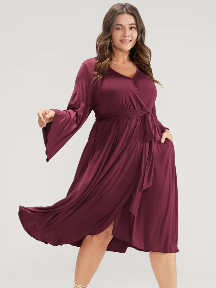 Solid Wrap Knotted Front Pocket Bell Sleeve Asymmetrical Hem Dress - Image 2