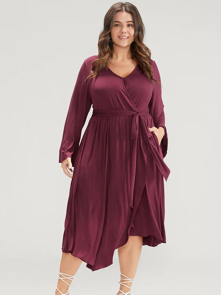 Solid Wrap Knotted Front Pocket Bell Sleeve Asymmetrical Hem Dress - Image 3
