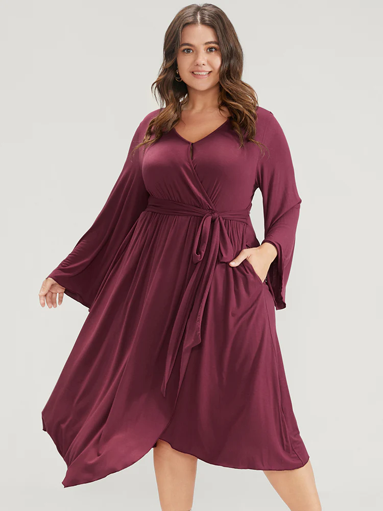 Solid Wrap Knotted Front Pocket Bell Sleeve Asymmetrical Hem Dress - Image 4