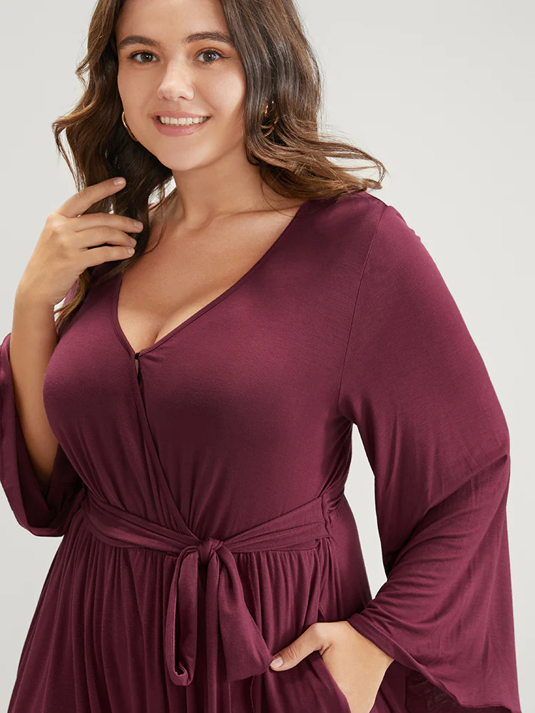 Solid Wrap Knotted Front Pocket Bell Sleeve Asymmetrical Hem Dress - Image 6