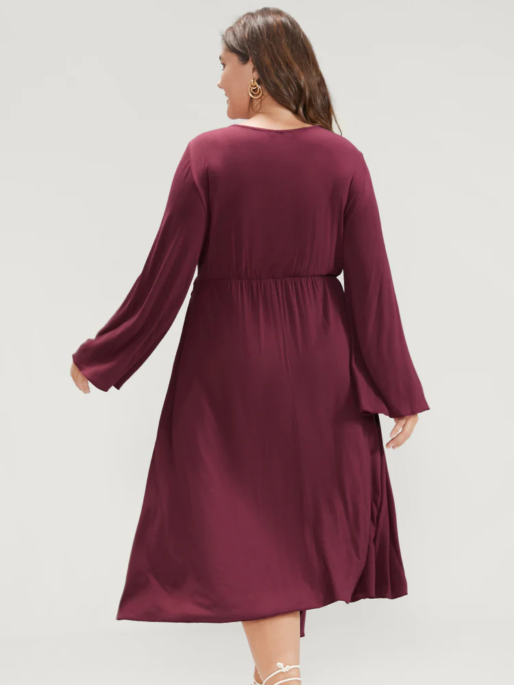 Solid Wrap Knotted Front Pocket Bell Sleeve Asymmetrical Hem Dress - Image 7