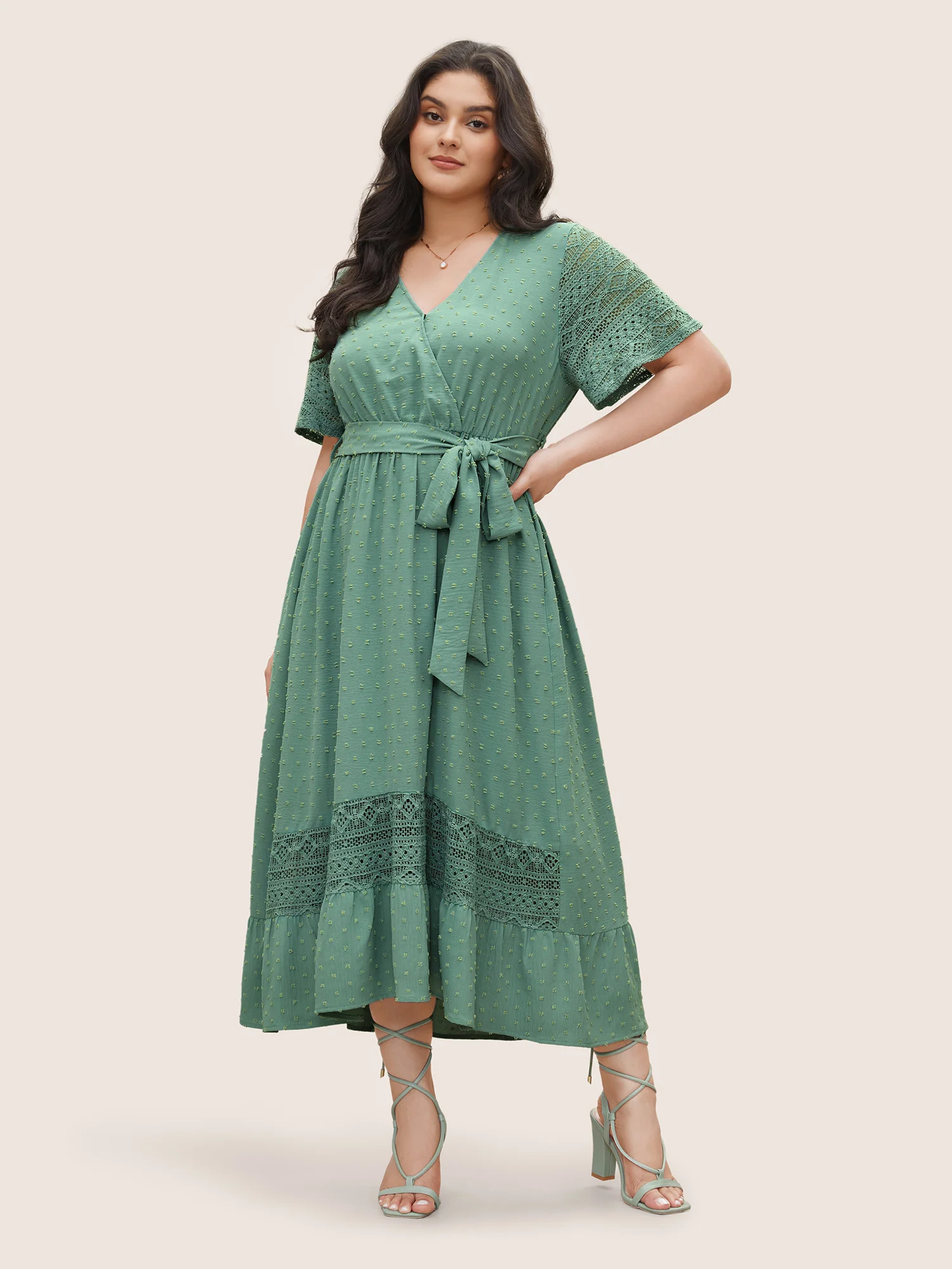 Solid Wrap Pocket Belted Contrast Lace Ruffle Trim Maxi Dress - Image 2