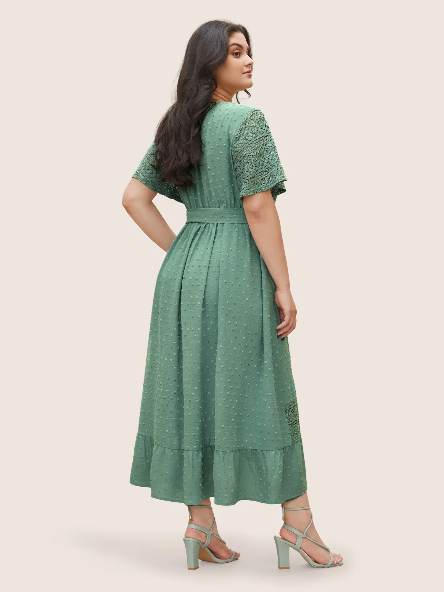 Solid Wrap Pocket Belted Contrast Lace Ruffle Trim Maxi Dress - Image 3