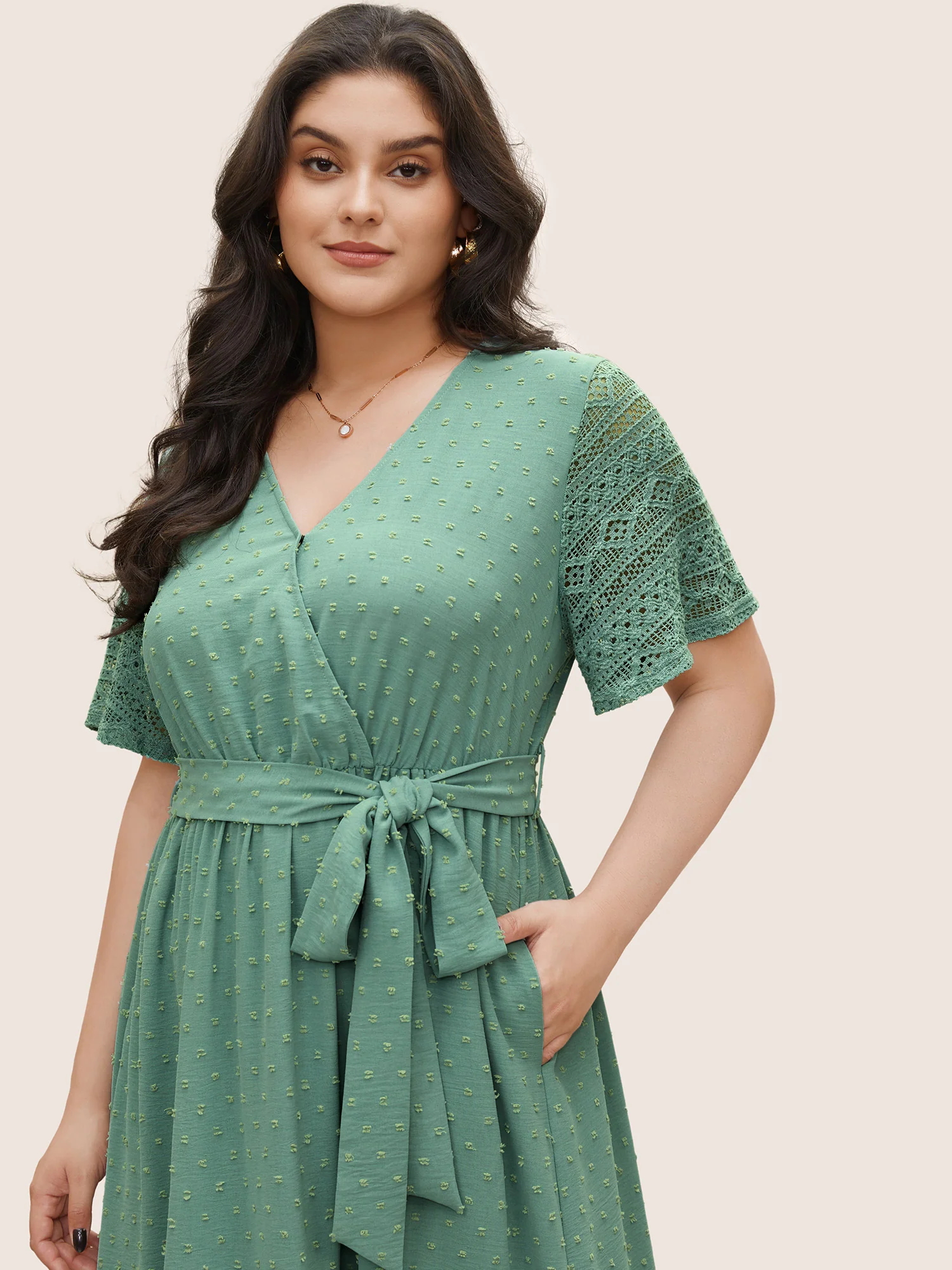 Solid Wrap Pocket Belted Contrast Lace Ruffle Trim Maxi Dress - Image 4