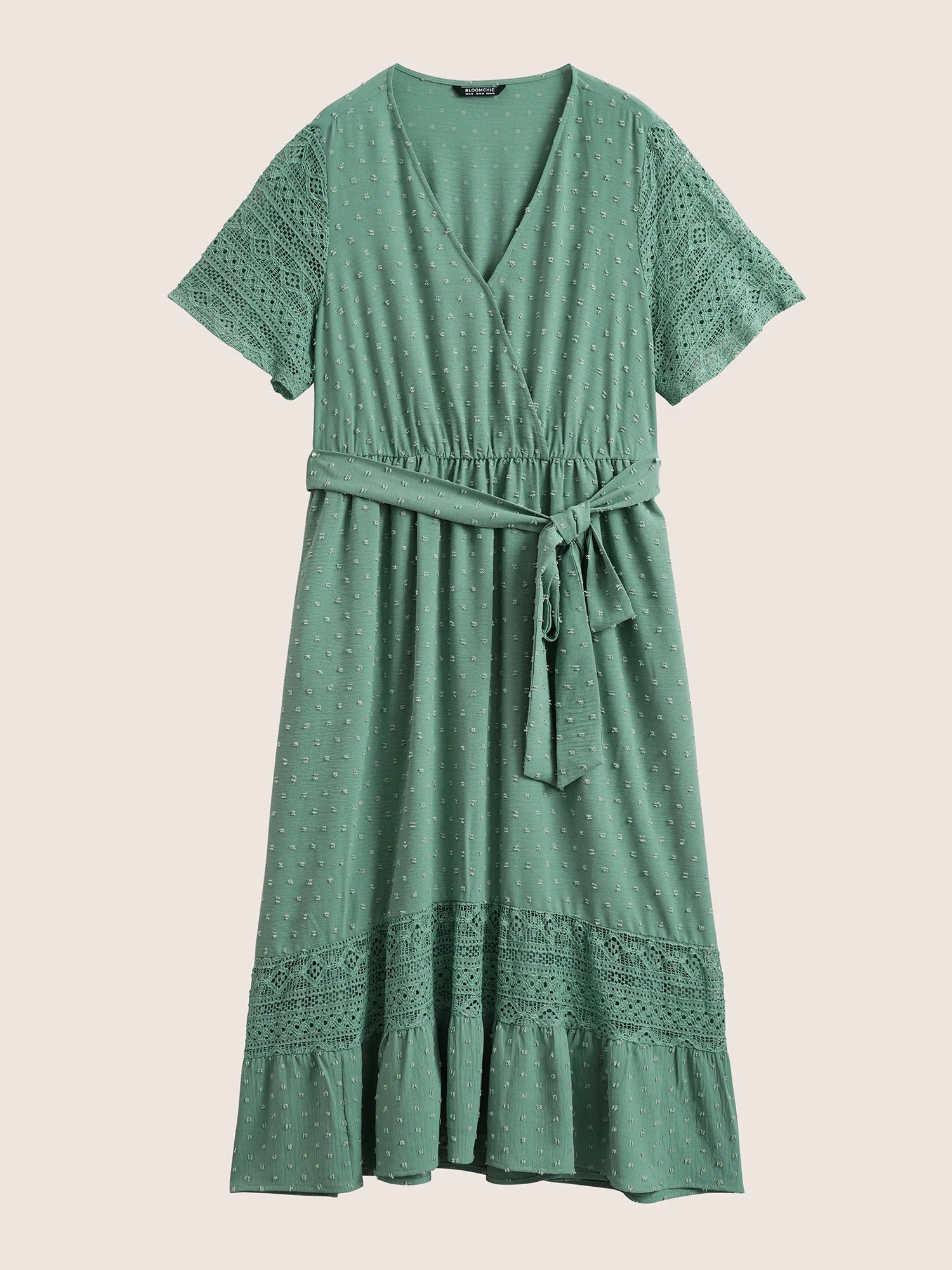Solid Wrap Pocket Belted Contrast Lace Ruffle Trim Maxi Dress - Image 7