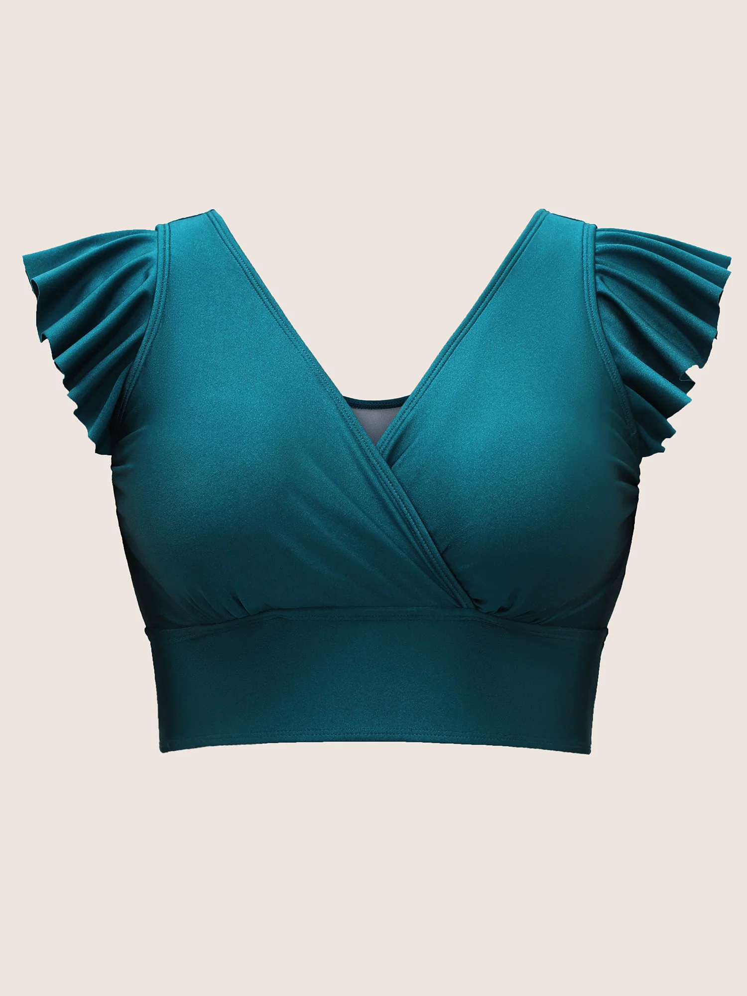 Solid Wrap Ruffle Cap Sleeve Swim Top - Image 7